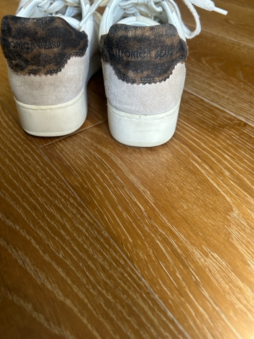 Veronica Beard Lennox White Leather and Taupe Suede-Trim Sneakers -Leopard Print - Picture 9 of 11